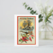 懐かしいヴィンテージ冬のシーンとクリスマスホリー ポストカード (スタンド正面)