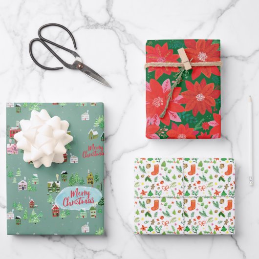 懐かしい冬の村クリスマス ラッピングペーパーシート (正面)