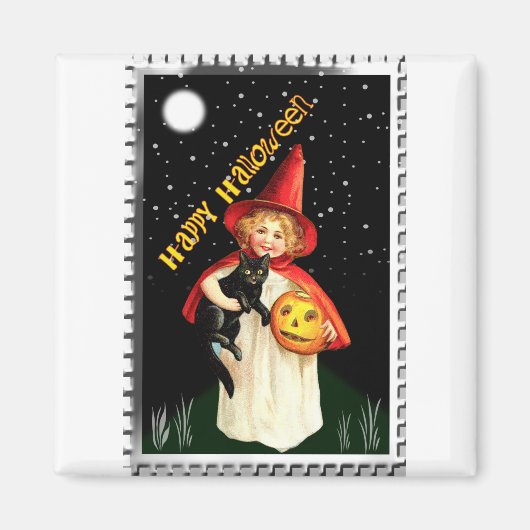 懐かしい小さな女の子、ジャック・オ・ランタン、ネコ マグネット (正面)