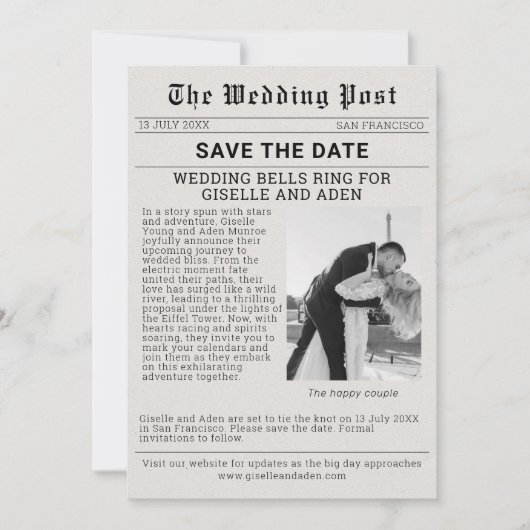 懐かしい新聞結婚式の日付を保存 招待状 (正面)