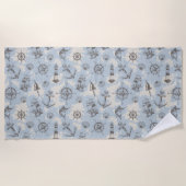 懐かしい航海のテーマの青いパターン ビーチタオル (正面)