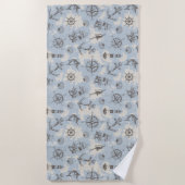 懐かしい航海のテーマの青いパターン ビーチタオル (正面)