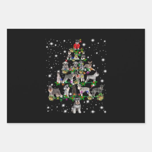 懐中電灯で覆われたシュナウツァークリスマスツリー ラッピングペーパーシート (正面)
