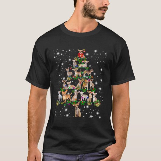 懐中電灯で覆われたチワワのクリスマスツリー Tシャツ (正面)