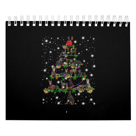 懐中電灯で覆われたドーバーマンクリスマスツリー カレンダー (カバー)
