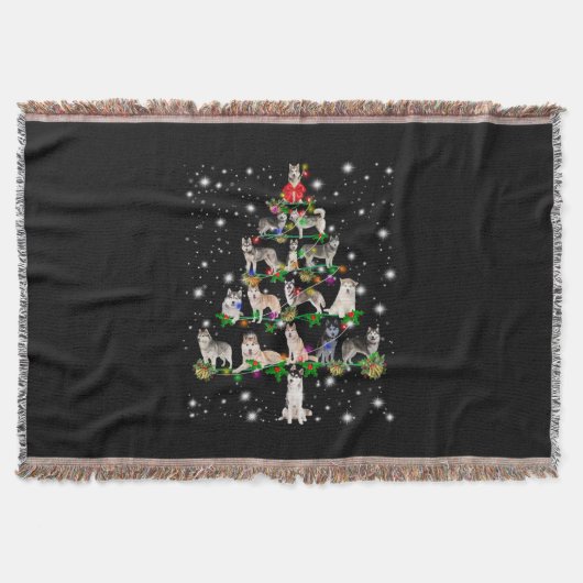懐中電灯で覆われたハスキーのクリスマスツリー スローブランケット (正面)