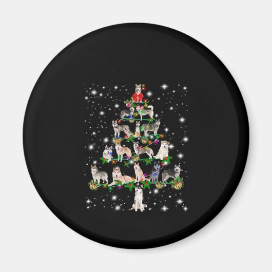 懐中電灯で覆われたハスキーのクリスマスツリー マグネット (正面)
