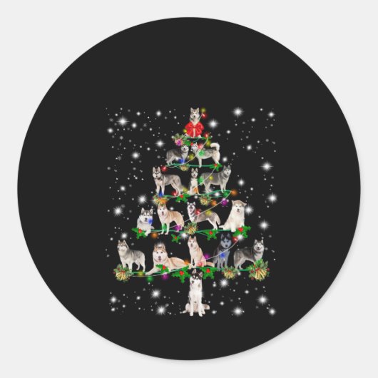 懐中電灯で覆われたハスキーのクリスマスツリー ラウンドシール (正面)
