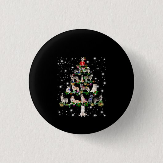 懐中電灯で覆われたハスキーのクリスマスツリー 缶バッジ (正面)