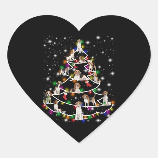 懐中電灯で覆われたビーグルのクリスマスツリー ハートシール (正面)