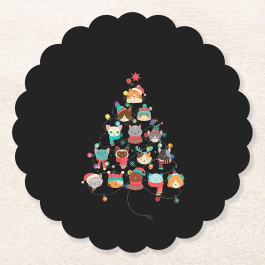 懐中電灯で覆われた素敵な猫クリスマスツリー ペーパーコースター (正面)