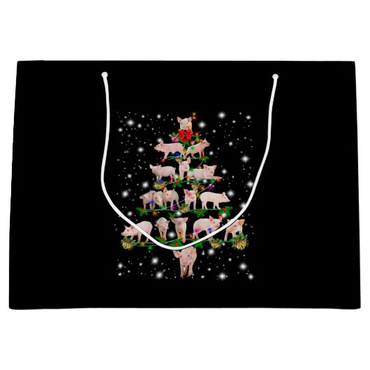 懐中電灯で覆われた素敵な豚のクリスマスツリー ラージペーパーバッグ (正面)
