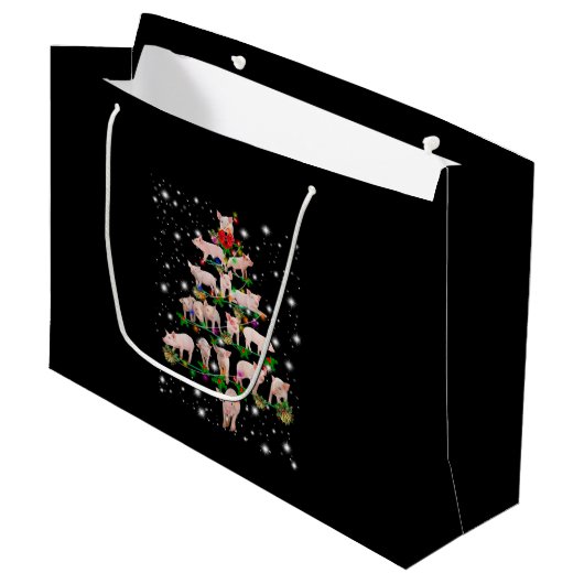 懐中電灯で覆われた素敵な豚のクリスマスツリー ラージペーパーバッグ (正面アングル)
