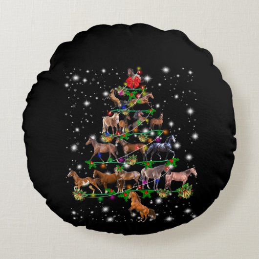 懐中電灯で覆われた馬のクリスマスツリー ラウンドクッション (正面)
