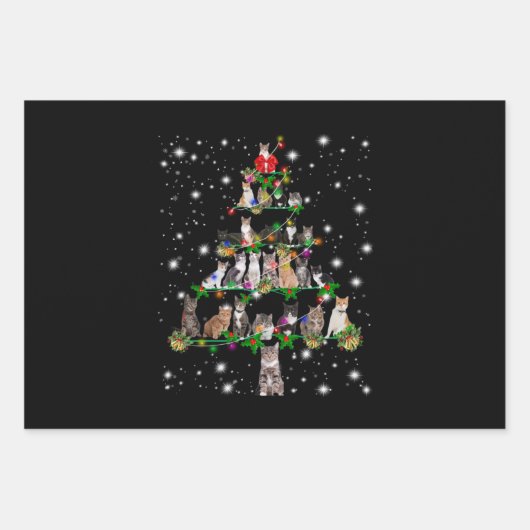 懐中電灯で覆われた、かわいい猫のクリスマスツリー ラッピングペーパーシート (正面)