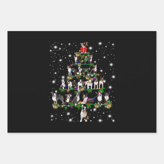 懐中電灯で覆われるボストン·テリーのクリスマスツリー ラッピングペーパーシート (正面)