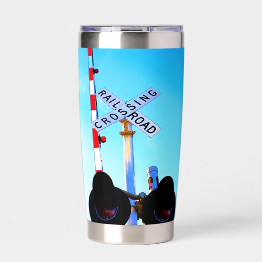 懐中電灯の上に鐘を掛けた踏切 保温保冷タンブラー (正面)