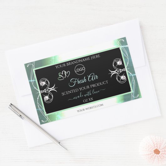 懐中電灯ティール（緑がかった色）ブラック製品ラベル宝石ロゴ 長方形シール (封筒)