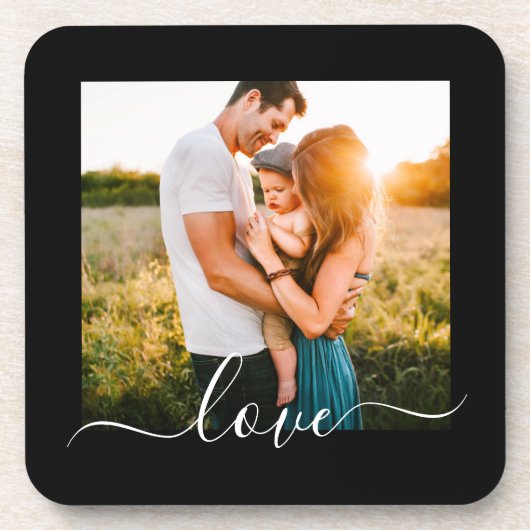 懸命コースター写真テンプレートラブ文字ブラック コースター (正面)