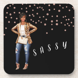 懸命プラスチックサッシーレディーブラック点々のあるドリンクコースター コースター