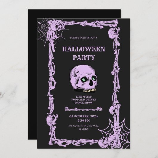 成人ハローウィンパーティヴィンテージゴシックスカル 招待状 (正面/裏面)