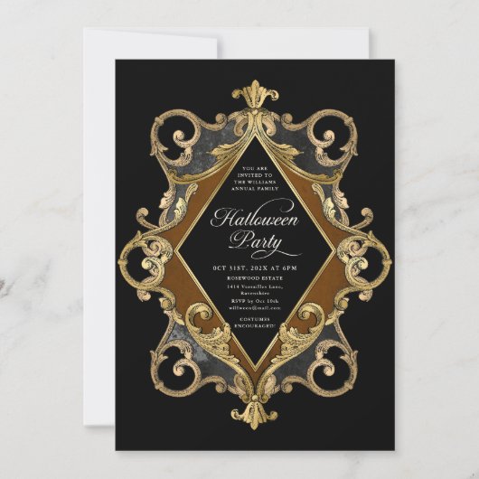 成人ハローウィンパーティ金ゴールド華美ヴィンテージ 招待状 (正面)