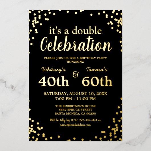 成人共同誕生日パーティー |黒の実在金ゴールド 箔招待状 (正面)