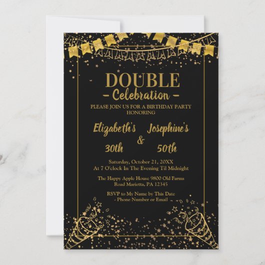 成人合同誕生日パーティー |黒い金ゴールド 招待状 (正面)