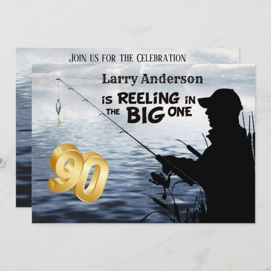 成人漁師マイルストーン90誕生日 – ビッグワン 招待状 (正面/裏面)