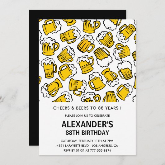 成人男子応援とビール88歳の誕生日 招待状 (正面/裏面)