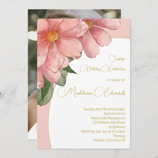 成人誕生日フォトピンク金ゴールドエレガントフローラ 招待状 (正面/裏面)