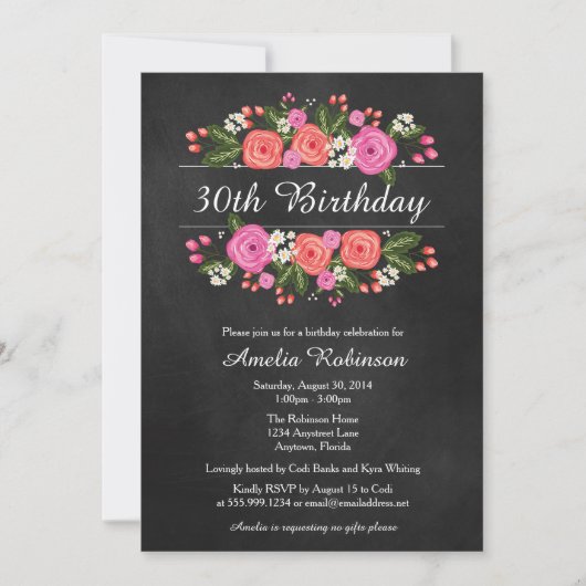 成人誕生日招待状、フローラ黒板スタイル 招待状 (正面)