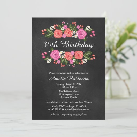 成人誕生日招待状、フローラ黒板スタイル 招待状 (スタンド正面)