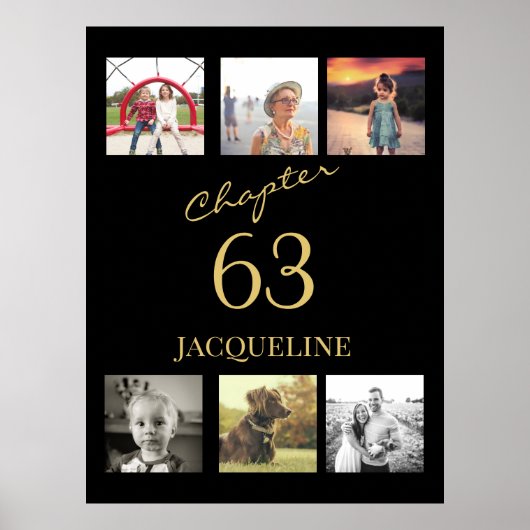 成人誕生日6写真黒金ゴールド任意の年齢 ポスター (正面)