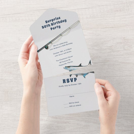成人魚釣りをテーマにした誕生日パーティーすべて1つの請求書 オールインワン招待状 (貼ってはがせる)