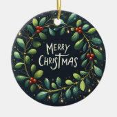 成功のクリスマスの松の果てに手を伸ばす セラミックオーナメント (正面)