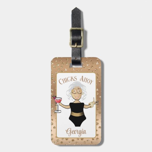 成熟おもしろい茶色の女性マンガクルーズ熱帯 ラゲッジタグ (正面縦)