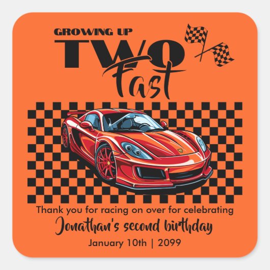 成長して早い2歳の誕生日にレッドスポーツカー スクエアシール (正面)