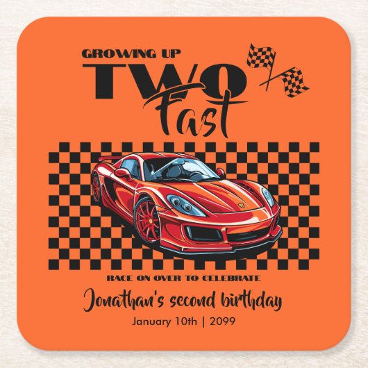 成長して早い2歳の誕生日にレッドスポーツカー スクエアペーパーコースター (正面)
