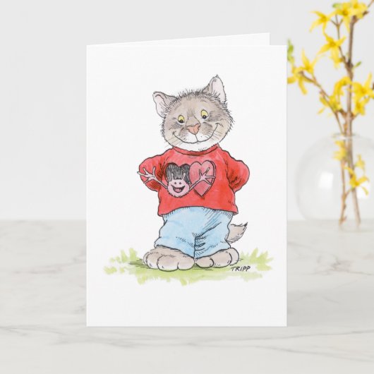 成長する愛の猫バレンタインカード カード (黄色い花)