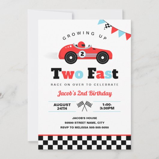 成長する2つのファーストレースカー2nd誕生日 招待状 (正面)
