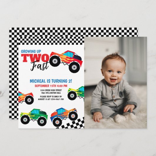 成長する2つの高速モンスタートラックの写真誕生日 招待状 (正面/裏面)