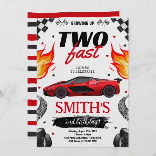 成長する2つの高速レースカーボーイ誕生日 招待状 (正面/裏面)