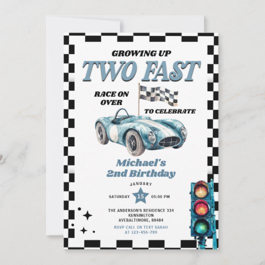 成長する2つの高速ヴィンテージレースカー2nd誕生日 招待状 (正面)
