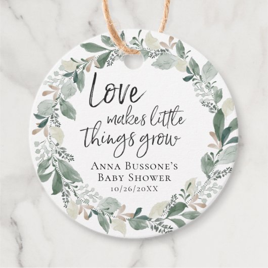 成長を見守る |ユーカリプタスベイビーシャワーメッセージカード フェイバータグ (正面)