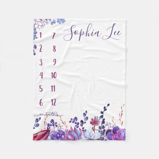 成長トラッカー – マイルストーン – 水彩花模様 フリースブランケット (正面)