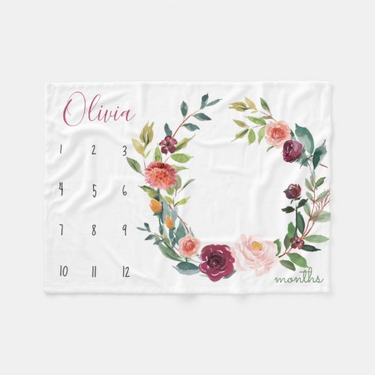 成長トラッカー – マイルストーンboho水彩花 フリースブランケット (正面(横))