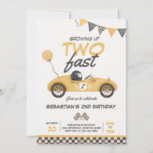 成長2高速イエローレースカー2nd誕生日 招待状 (正面)
