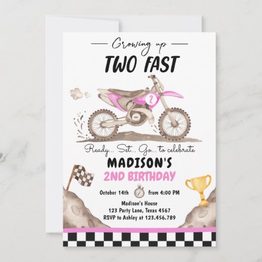 成長2高速ダートバイクサイクリング女の子誕生日 招待状 (正面)