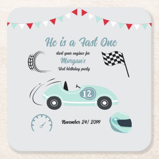 成長2高速フェスティバルブルーレースカー誕生日 スクエアペーパーコースター (正面)